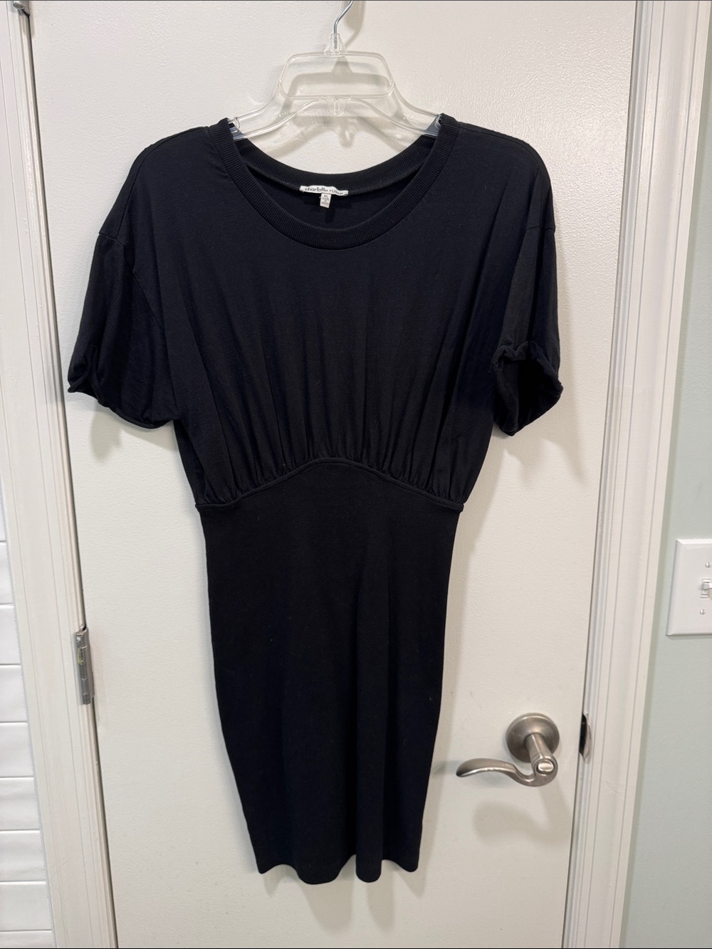 Charlotte Russe Black Midi Short Sleeve Gathered Waist Dress
